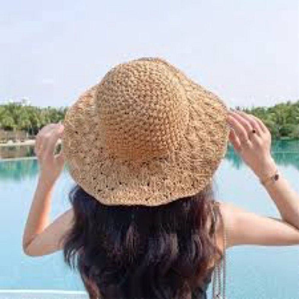Straw Crochet Sun Hat w/ Removable Black Ribbon Vacation Beach Preppy Cottage